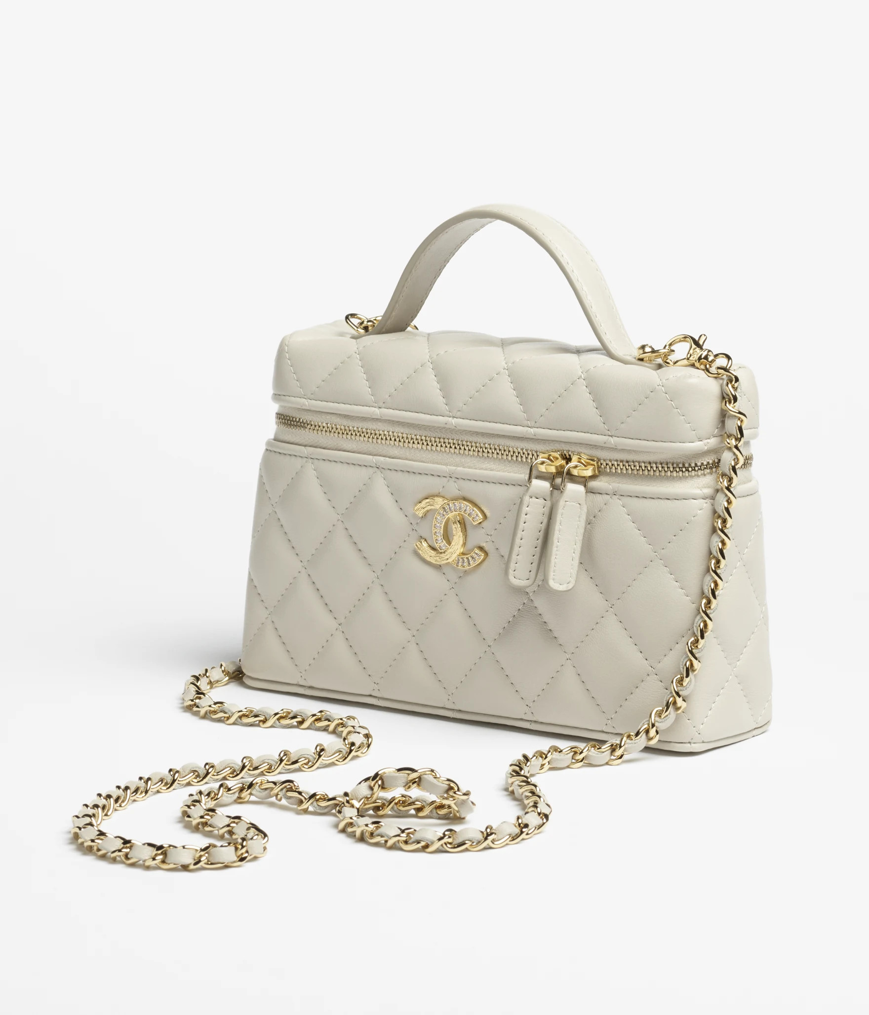 Vanity with chain - Shiny lambskin, strass & gold-tone metal, light gray — Fashion | CHANEL | Chanel, Inc. (US)