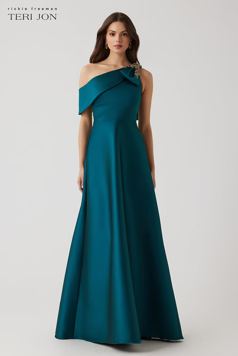 Mikado Asymmetrical Jewel Bow Shoulder Gown | TERI JON