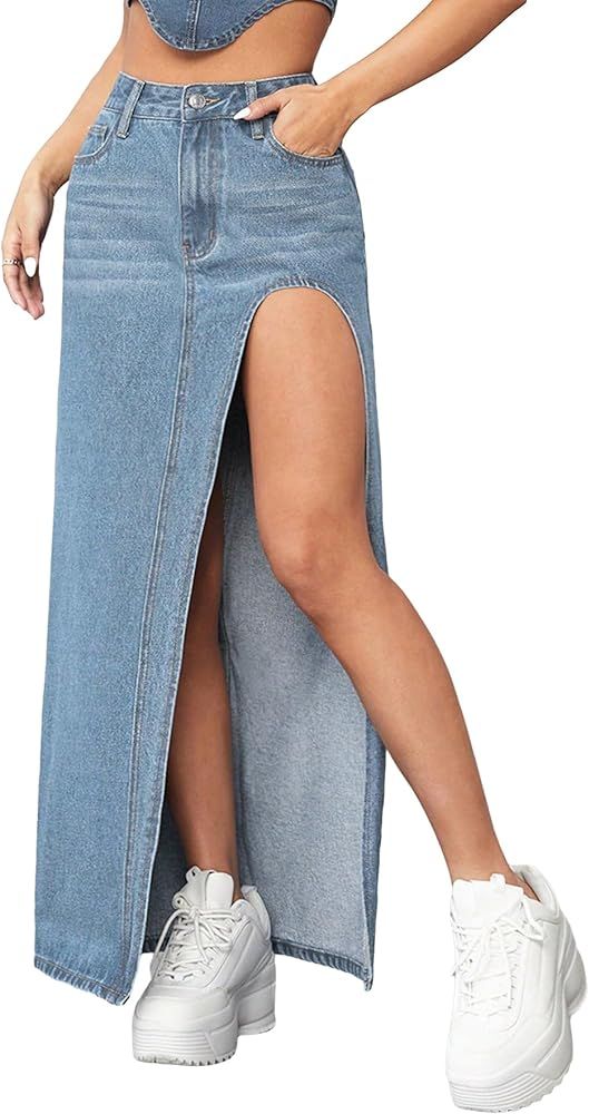 Verdusa Women's High Waist Split Thigh Denim Long Maxi Skirt | Amazon (US)