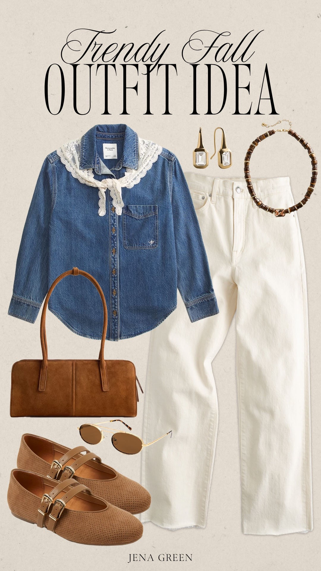 Trendy fall outfit idea. Fall OOTD. Denim fall shirt. Ivory jeans for fall. Target fashion. Target suede Mary Jane flats. Suede shoulder bag.