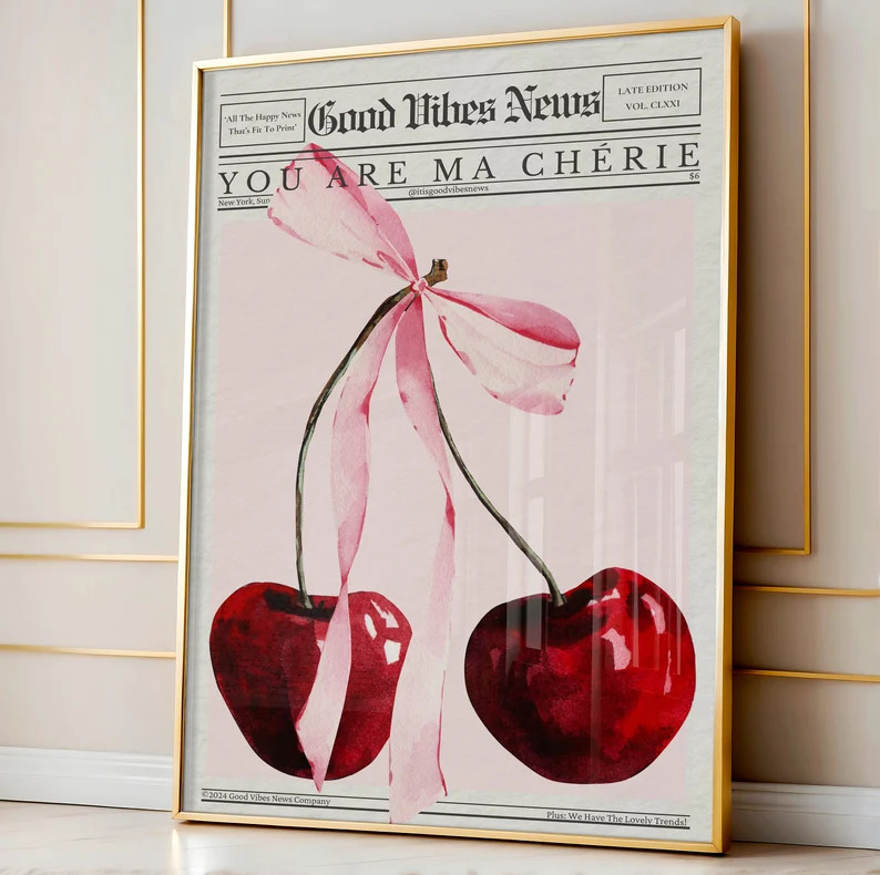 Trendy Pink Newspaper Wall Art, Watercolor Cherries Bow Print, Ma Cherie Poster, Girly Dorm Wall ... | Etsy (US)