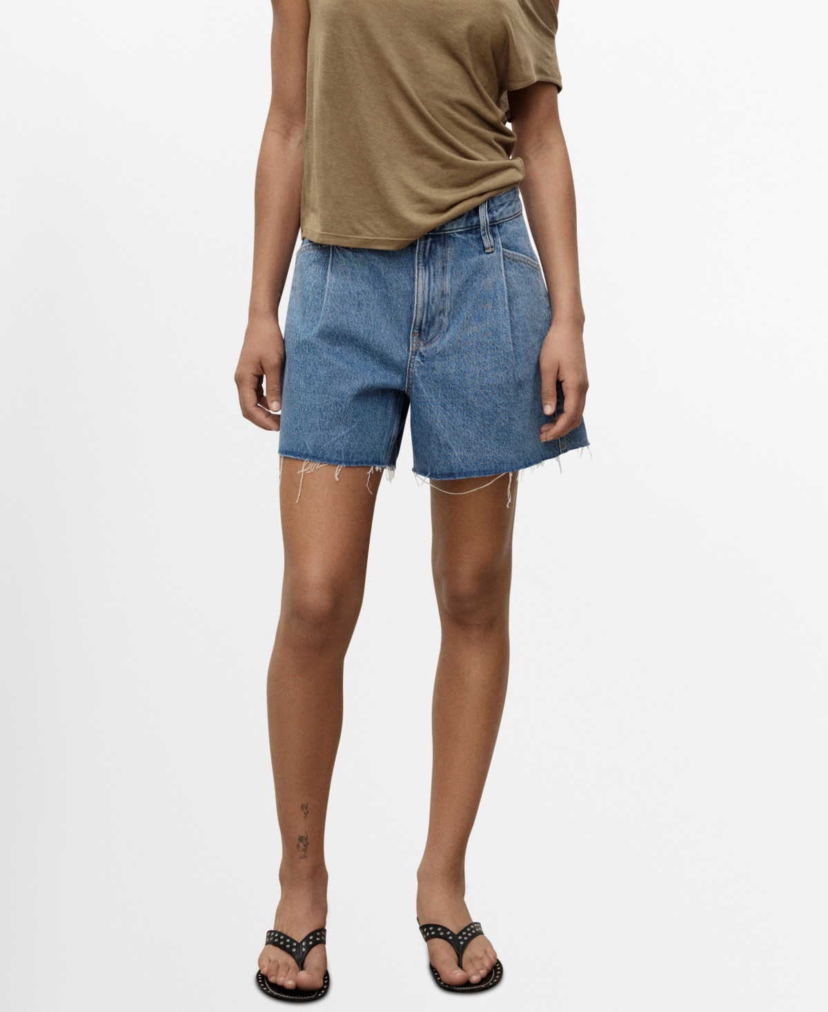 Mango Women's Frayed Hem and Pleats Denim Shorts - Medium Blue | Macy's