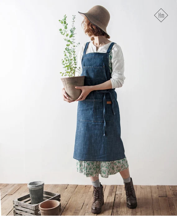 Denim Long Apron in 3 Colors Denim Cross Back Apron Pinafore Apron Japanese Style Apron Florist Apro | Etsy (US)