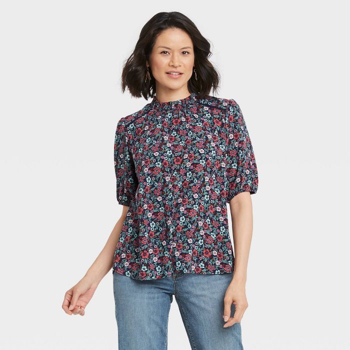 Women&#39;s Short Sleeve High Neck Blouse - Knox Rose&#8482; Navy Floral S | Target