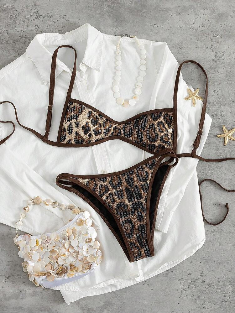 Swim SXY Women's Sexy Halter Leopard Print Sequin Swimsuit Two Pieces Set, Elegant Vacation Beach Outfit, Spring/Summer | SHEIN