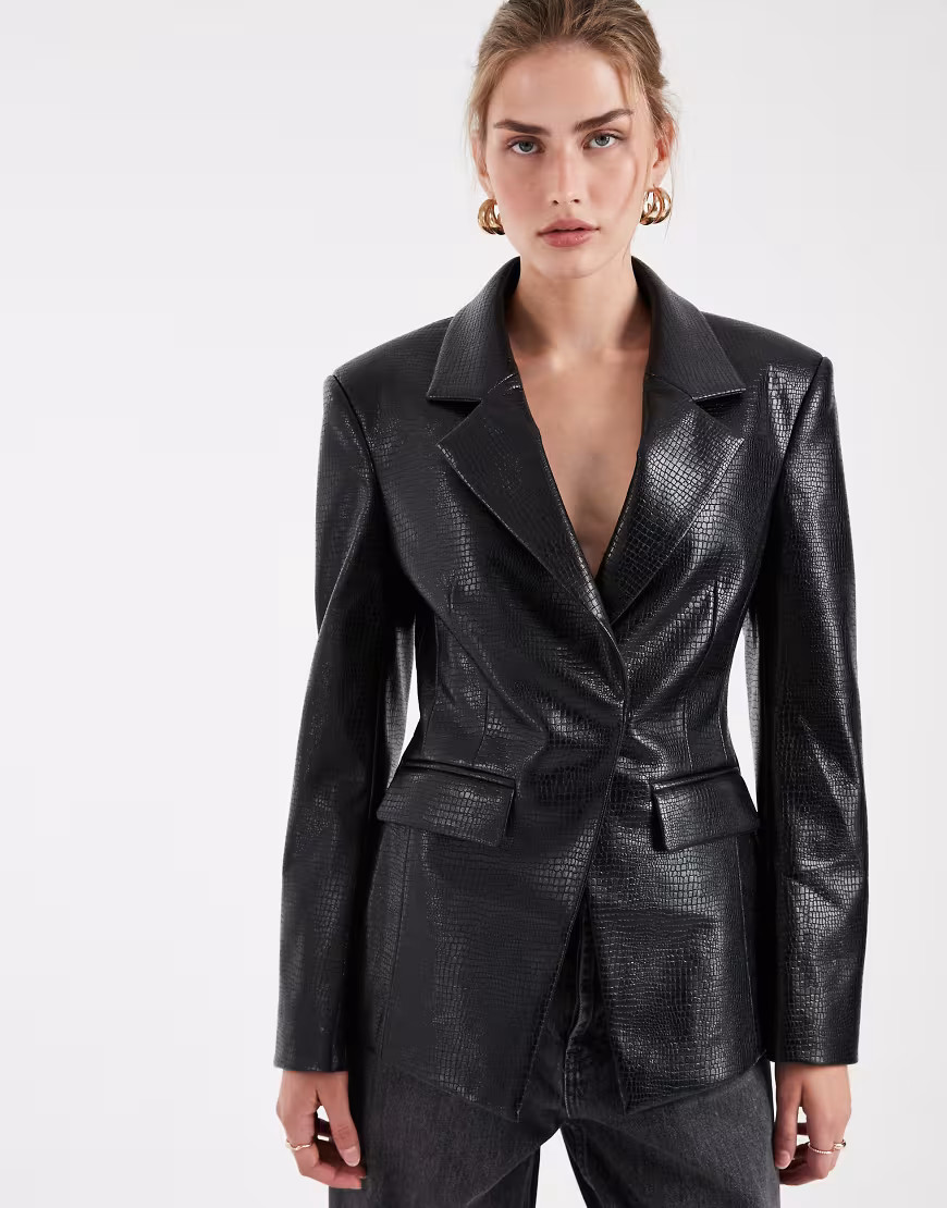 ASOS DESIGN tailored croc faux leather blazer in black | ASOS (Global)