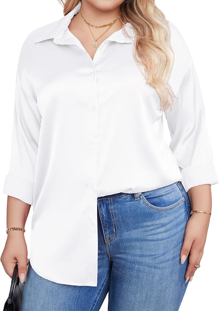 IN'VOLAND Womens Plus Size Satin Blouse Button Down Shirts Casual V Neck Long Sleeve Office Work ... | Amazon (US)