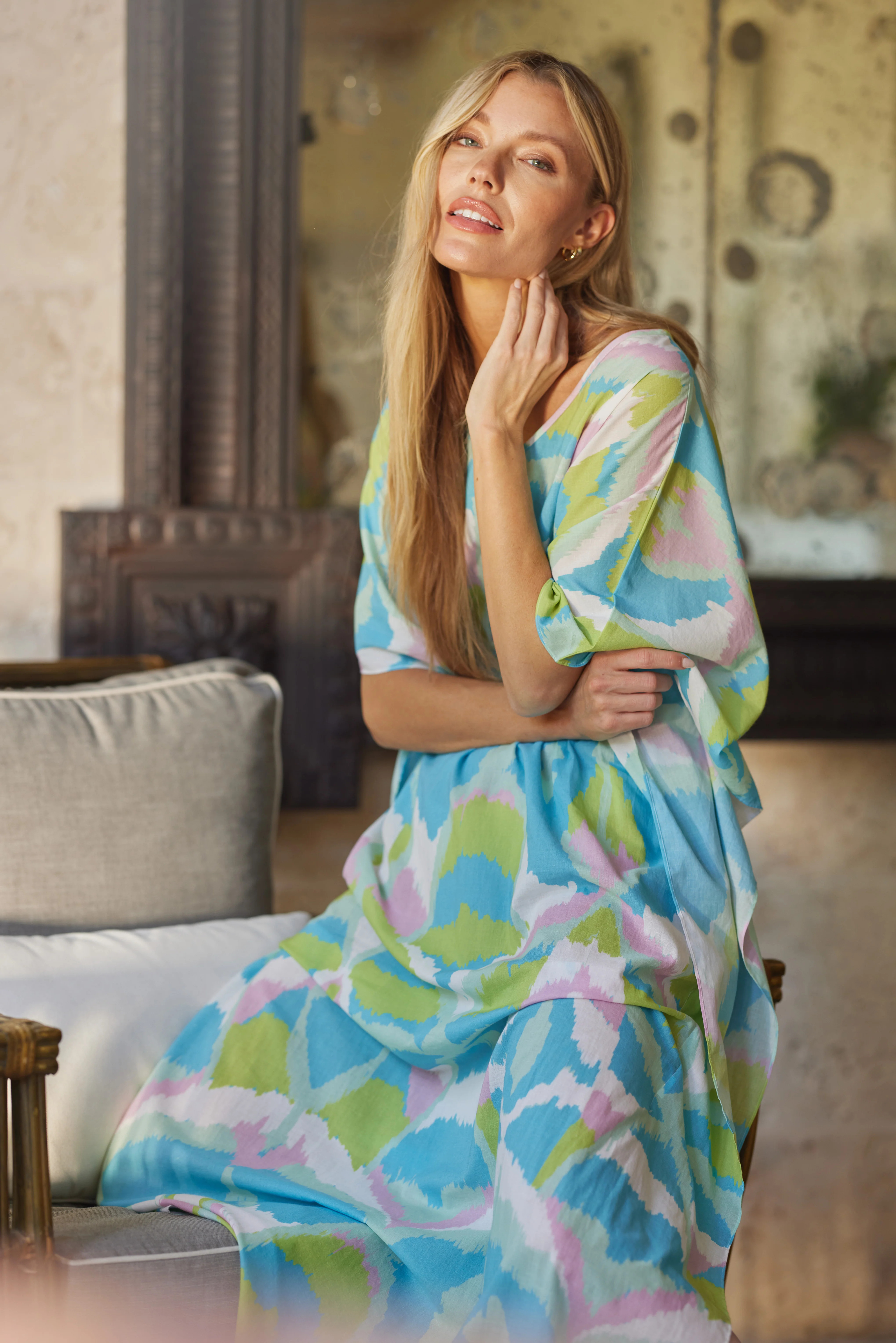 Sheridan French I Resort 2024 I Christy Caftan in Pool Blue Watercolor Ikat | Sheridan French