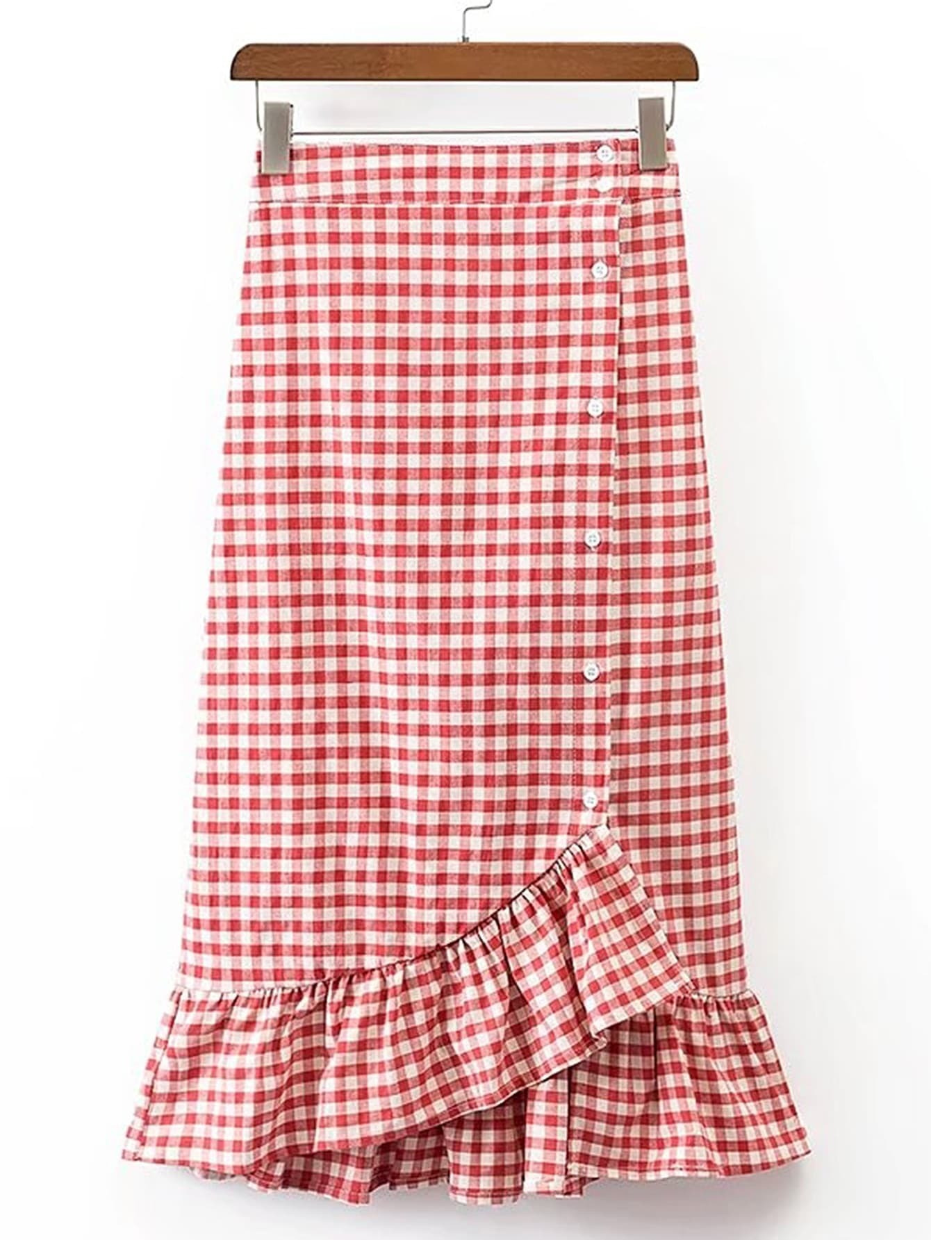 Gingham Ruffle Layered Fishtail Skirt | ROMWE