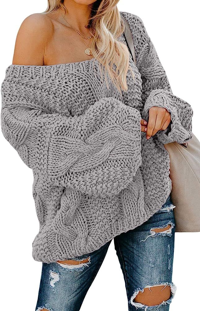 Astylish Women's Sexy Long Sleeve Off Shoulder Loose Cable Knit Pullover Sweater | Amazon (US)