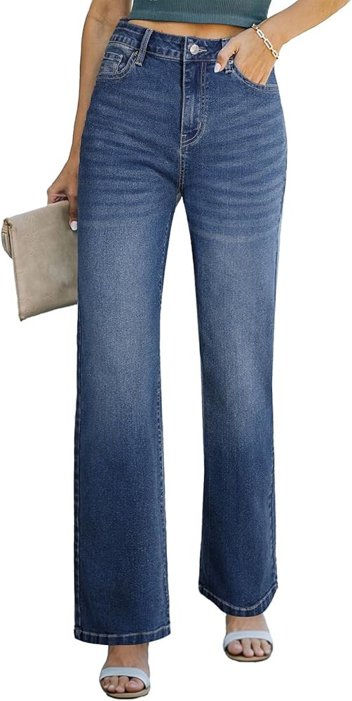 Sidefeel Women's Wide Leg Jeans Casual High Waisted Straight Zimbaplatinum Denim Pants with Pocke... | Amazon (US)