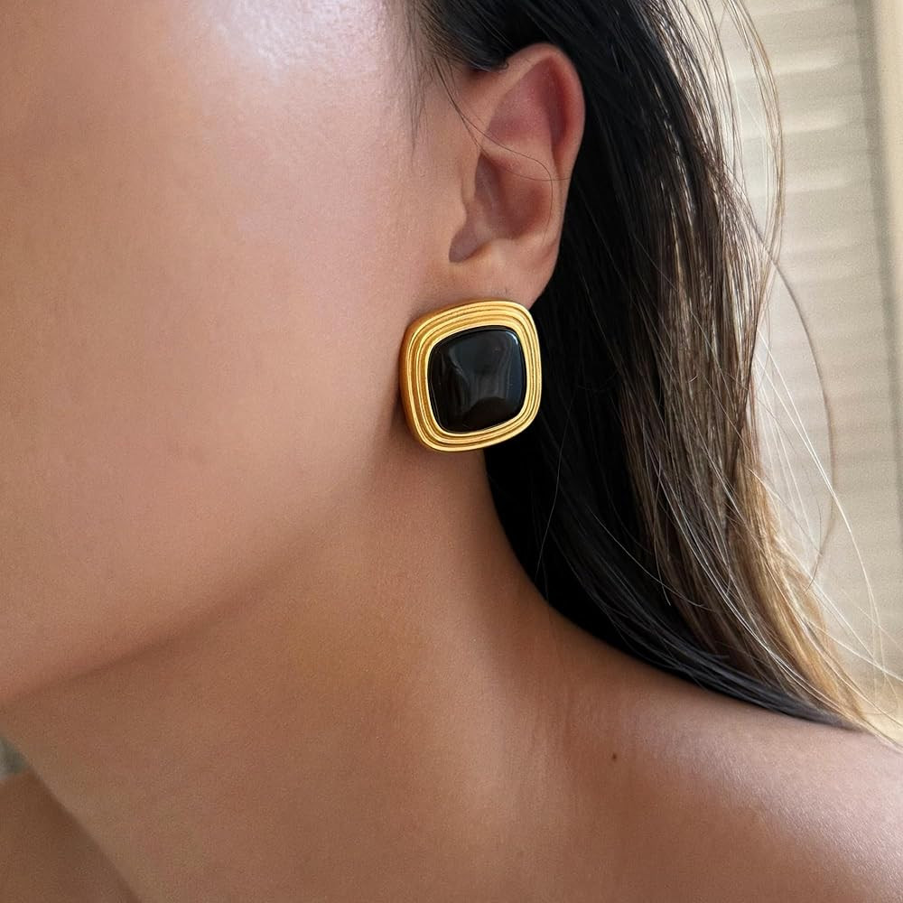 RAUCHBE Big Chunky Gold Earrings for Women Vintage Black Oval Earring Onyx Statement Earrings Tre... | Amazon (US)