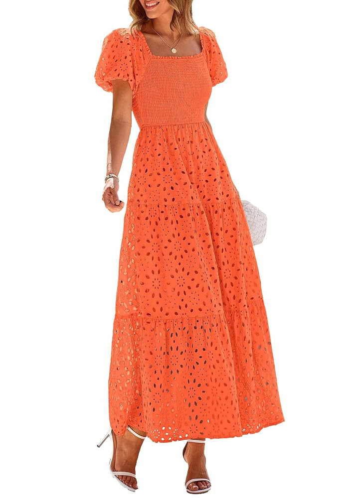 PRETTYGARDEN Summer Dresses for Women 2025 Eyelet Square Neck Puff Sleeve Smocked Wedding Guest M... | Amazon (US)