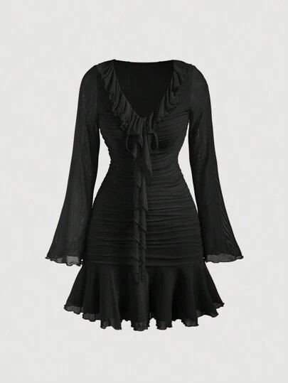 SHEIN MOD Women's Solid Color Ruffle Hem Flare Sleeve Pleated Elegant Midi Dress For Spring & Sum... | SHEIN