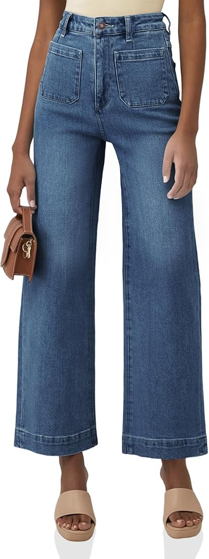 Tankaneo Womens Loose Wide Leg Jeans High Waisted Flare Trendy Boyfriends Cotton Denim Pants with... | Amazon (US)