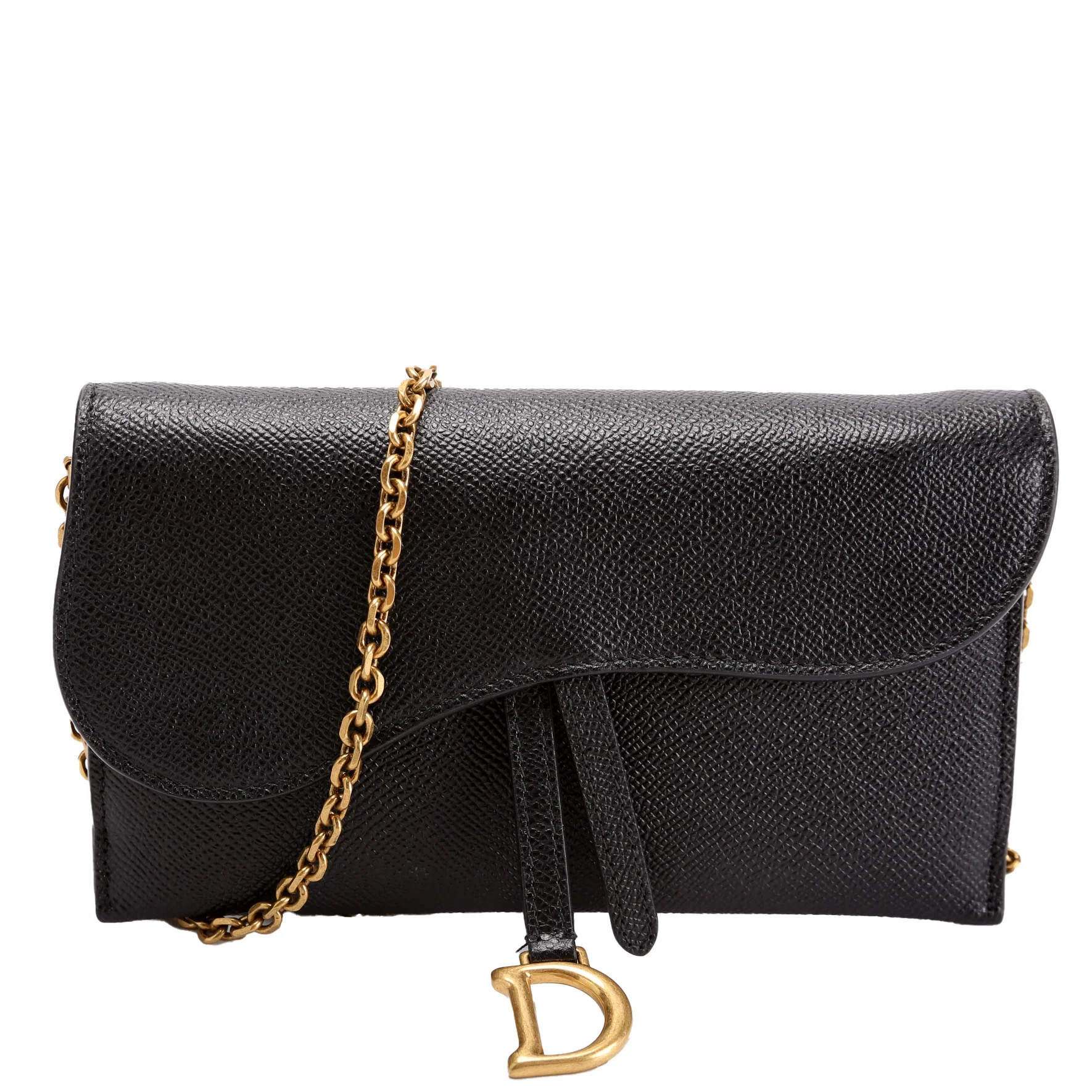 Long Saddle Wallet With Chain Leather Black | Keeks Designer Handbags