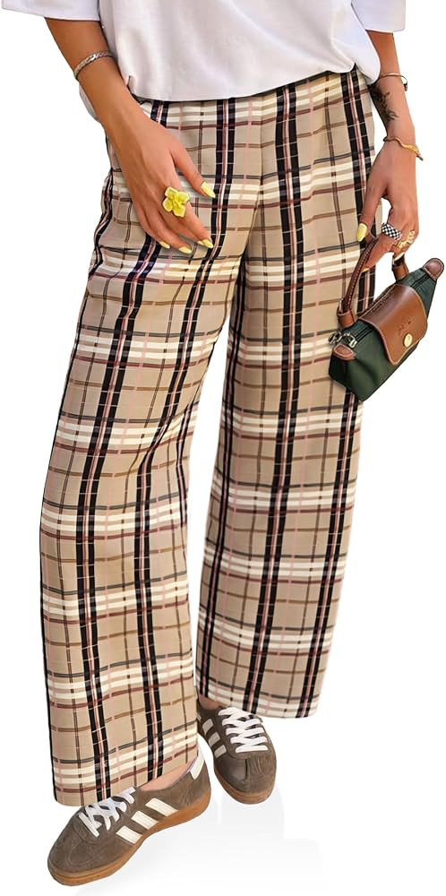 Cicy Bell Womens Wide Leg Pants High Wiasted Casual Baggy Palazzo Elastic Plaid Pants Trousers | Amazon (US)