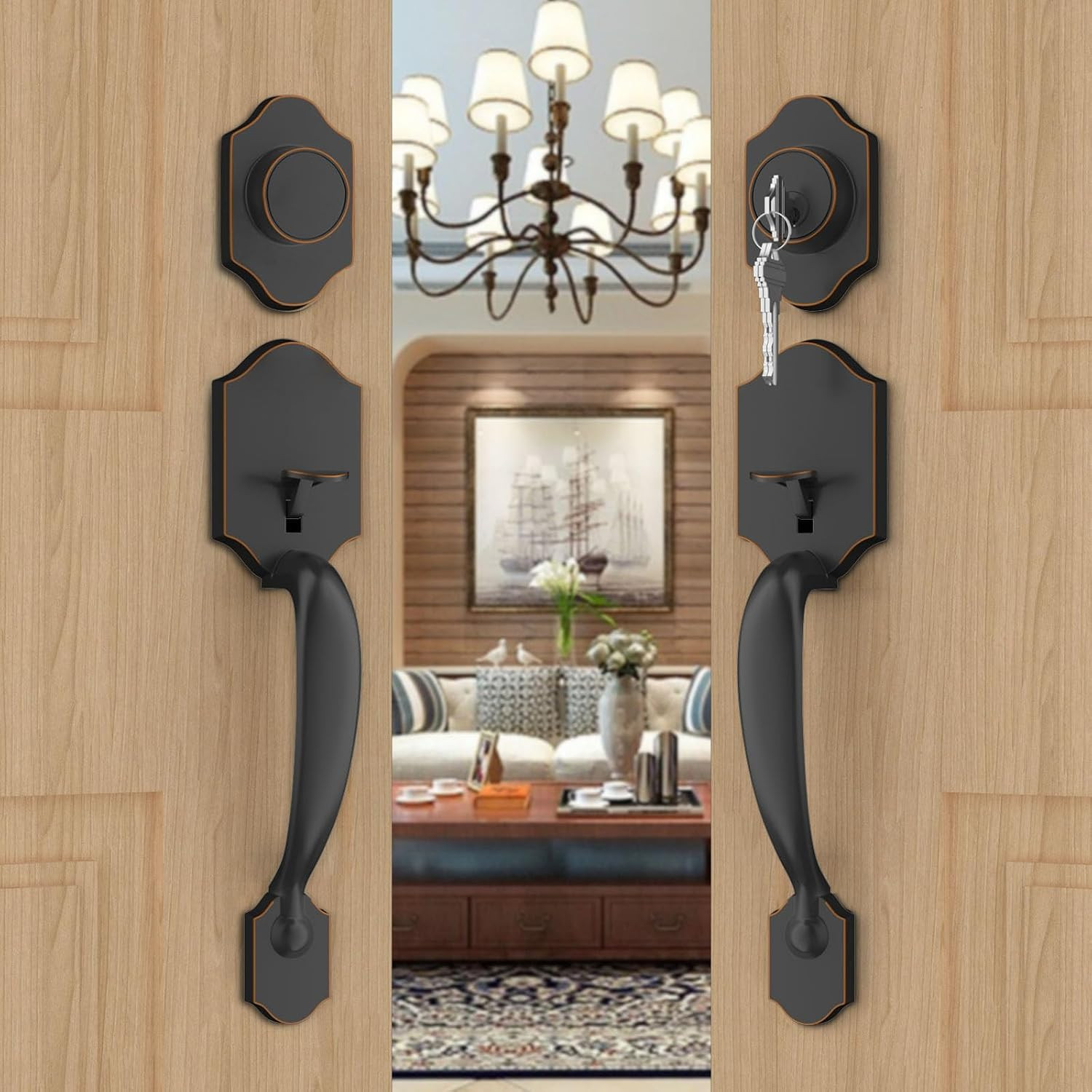 Goldenwarm Double Front Door Lock Set, Oil-Rubbed Bronze Double Door Handlewith Dummy, Double Classic Front Door Hardware Set with Reversible Wave Handle Lever, Double Entry Door Lock Set | Amazon (US)