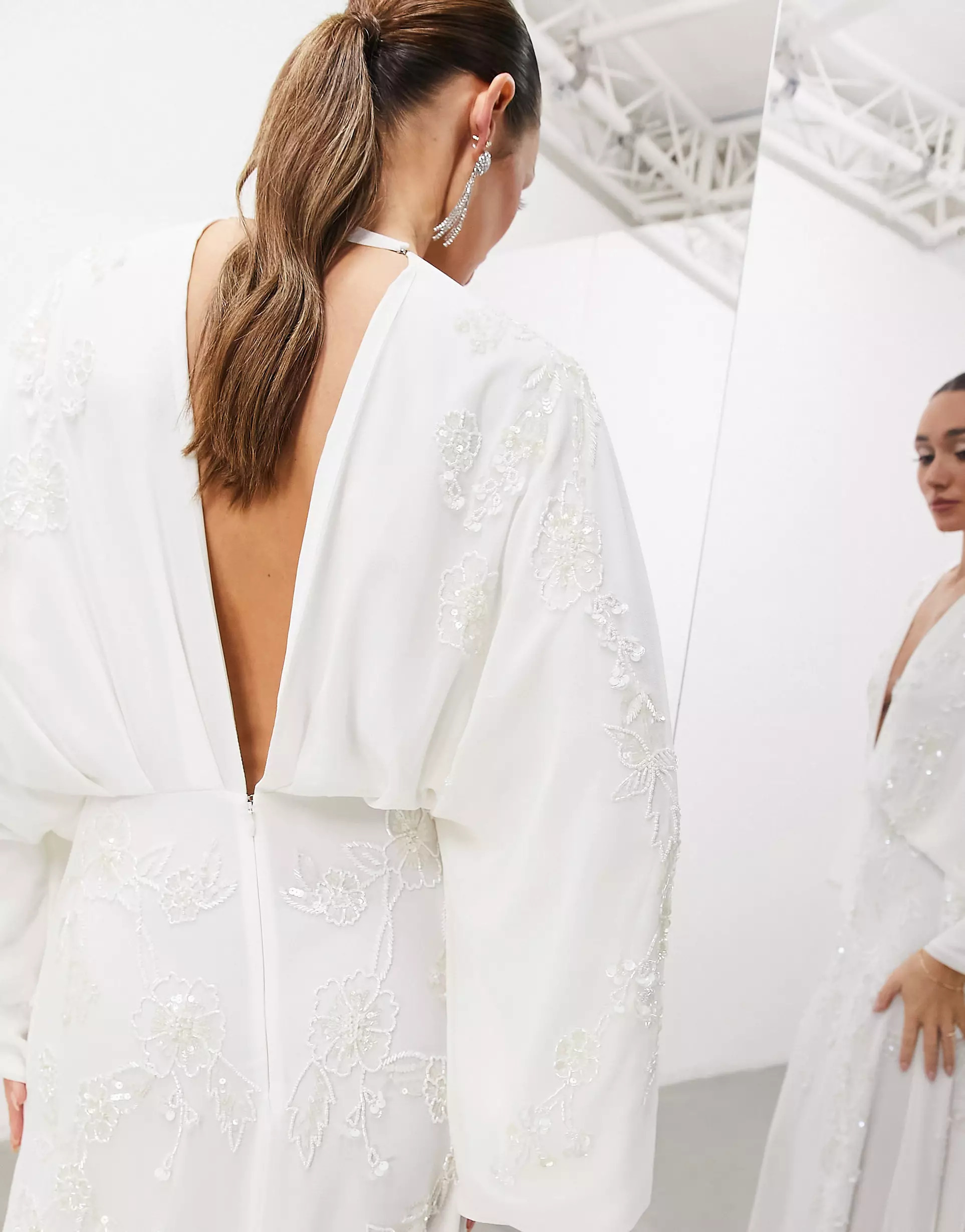 ASOS EDITION Lisa drape sleeve plunge wedding dress with floral embellishment in ivory | ASOS (Global)