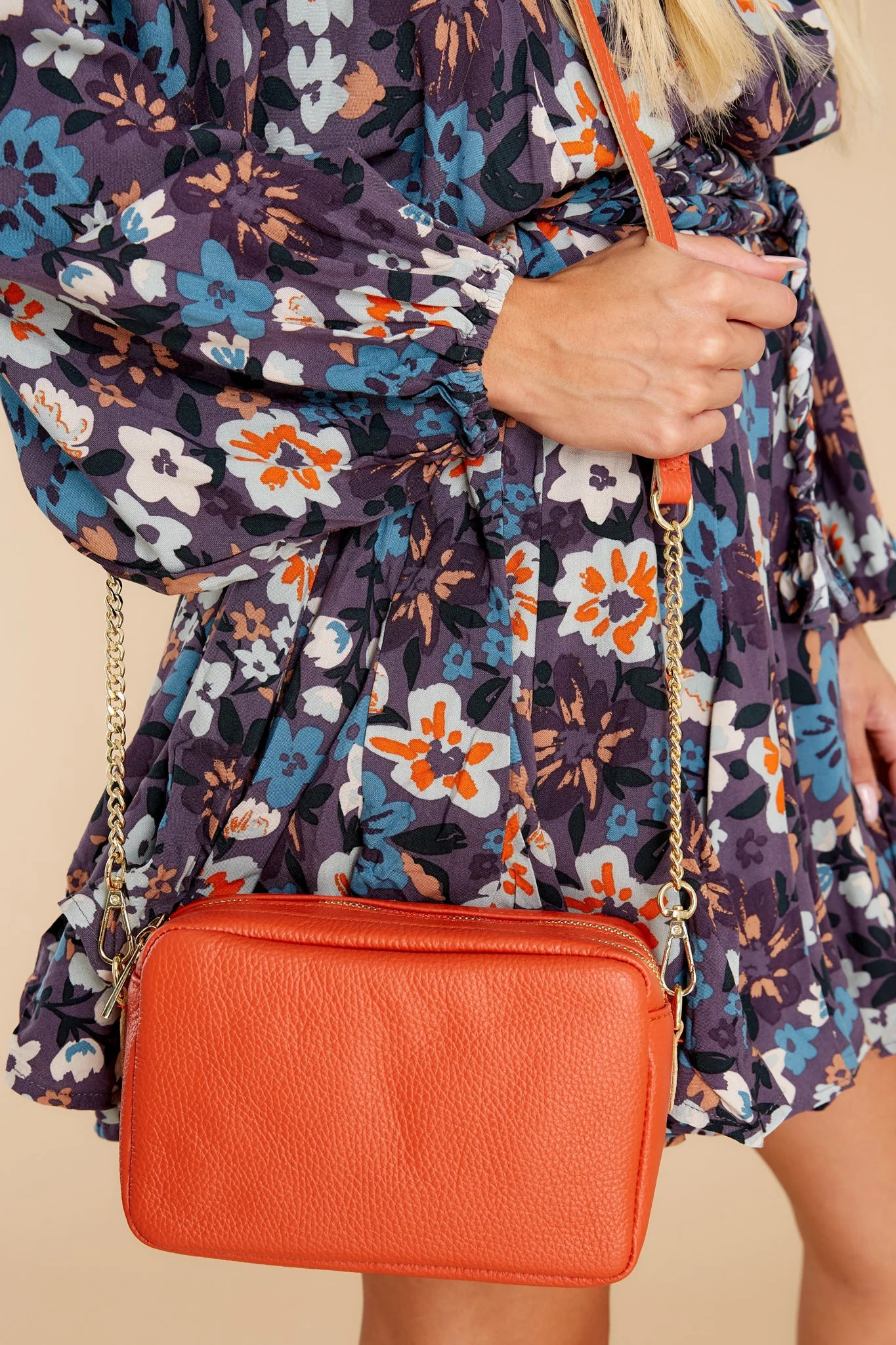Too Chic Burnt Orange Leather Bag | Red Dress