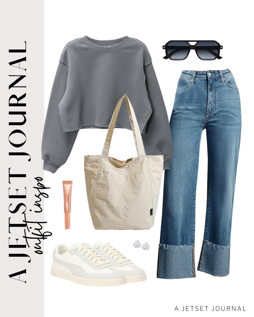 This raw-cut fleece sweatshirt goes perfectly with KUNMI jeans. This fit is perfect with a nylon tote bag and PUMA sneakers. Don’t forget your PAVOI stud earrings and SOJOS retro aviator sunglasses! 

 #LTKSeasonal #LTKSaleAlert #LTKTravel