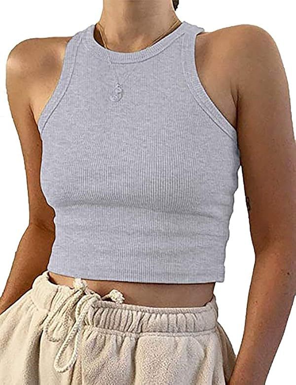 Meladyan Women's Round Neck Basic Racerback Camisole Rib-Knit Solid Sleeveless Crop Tank Tops | Amazon (US)