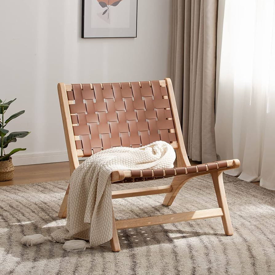 HeuGah Accent Chair with High Back, Midcentury Modern , Cognac Woven Leather and Natural Wood Rec... | Amazon (US)