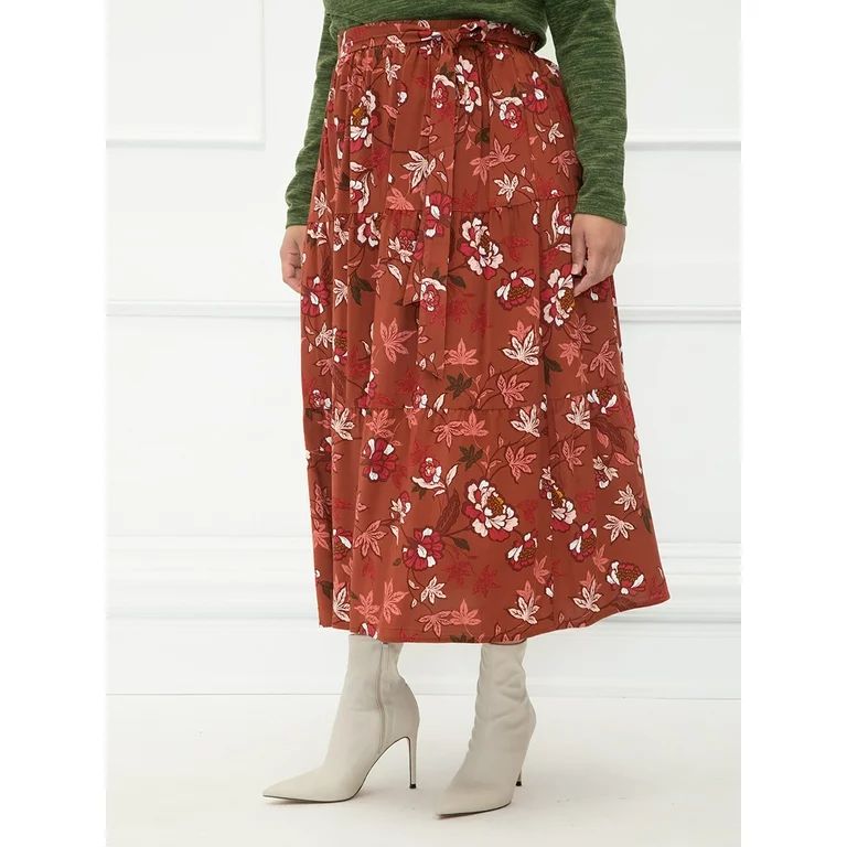 ELOQUII Elements Women's Plus Size Tiered Tie-Waist Midi Skirt | Walmart (US)