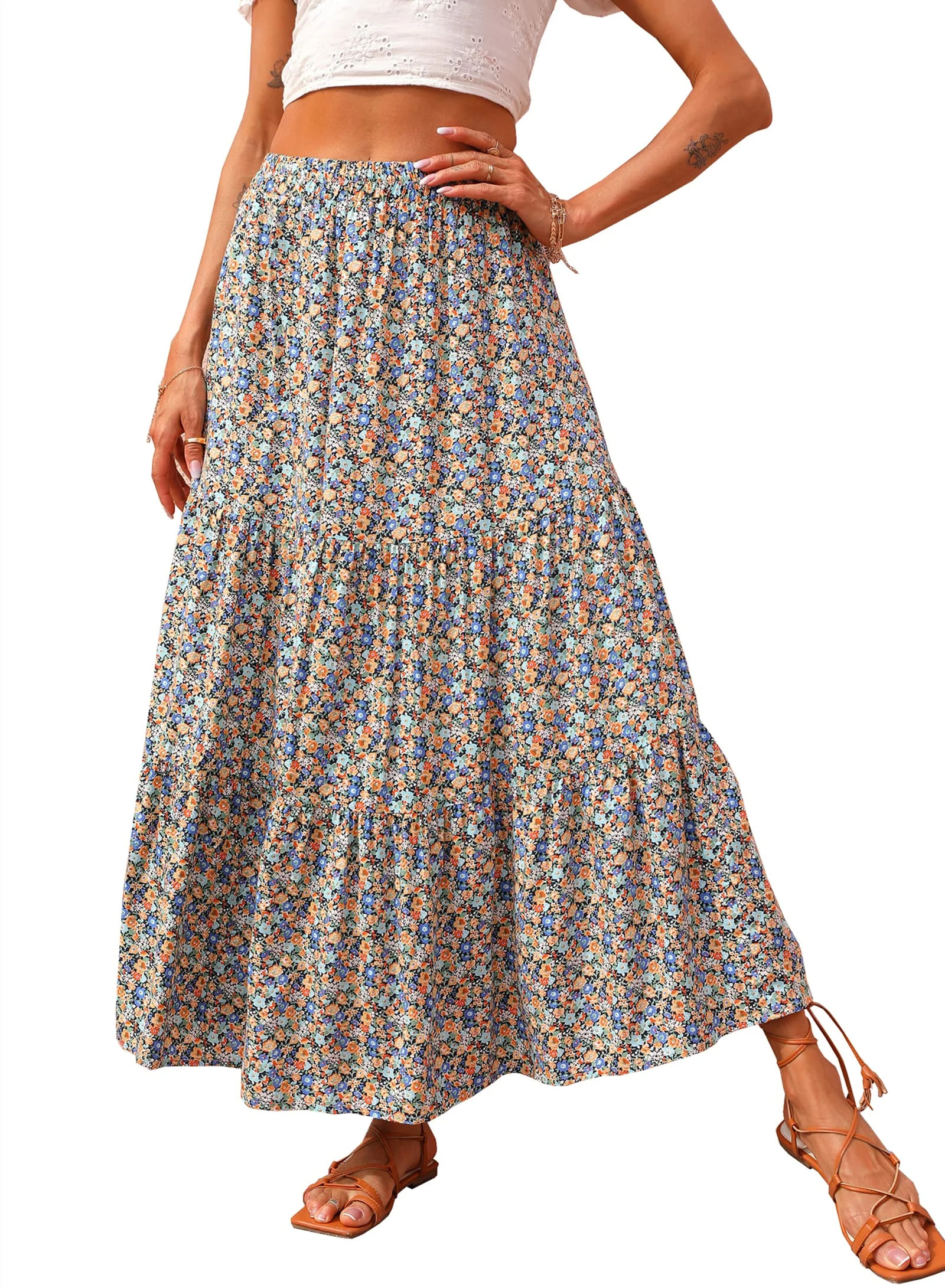 FreshPretty Women's Spring Summer High Waist Boho Floral Maxi Skirt Casual Flowy Swing Pleated A ... | Walmart (US)