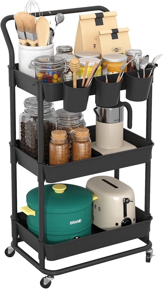 Buzowruil 3-Tier Rolling Utility Cart, Storage Cart with Handle Multi-Purpose and Locking Wheels,... | Amazon (US)