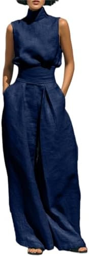 2 Piece Sets for Women Elegant Linen High Neck Top Wide Leg Pants Set Summer Formal Sleeveless To... | Amazon (US)