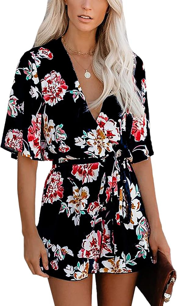 Relipop Women's Summer Romper Floral Print V Neck Flared Half Sleeve Elastic Tie Waist Ruffle Cas... | Amazon (US)