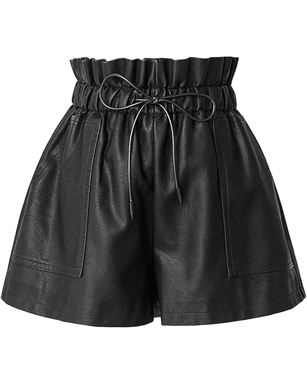 Faux Leather Shorts Stretchy High Waisted Wide Leg with Pockets for Women | Amazon (US)