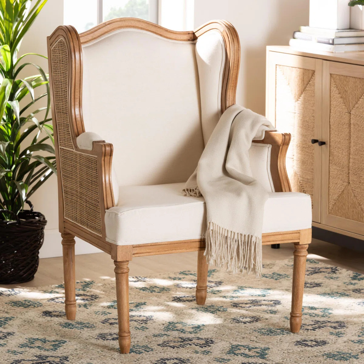 Aminia Upholstered Rattan and Bayur Wood Armchair | Wayfair North America