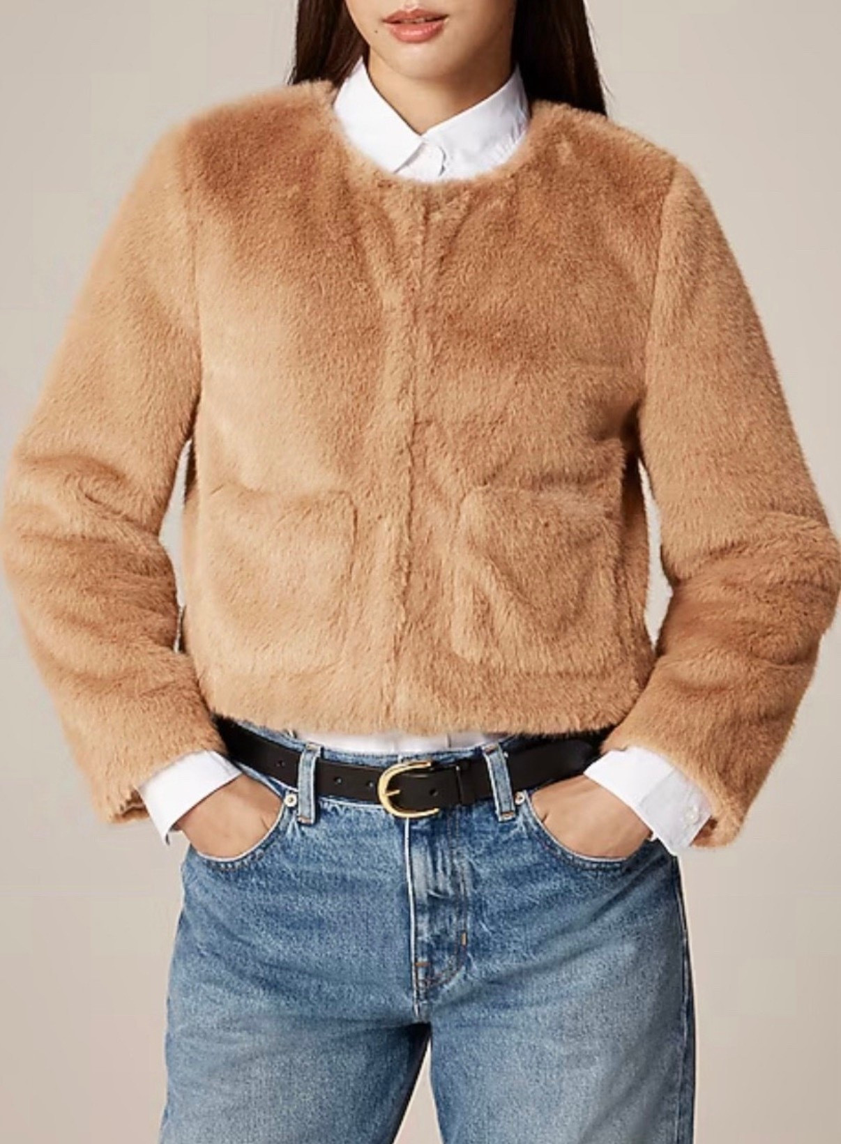 Faux fur jacket
Jeans 
Black booties 
Earrings 
Lipstick 

#LTKSeasonal #LTKSaleAlert #LTKFindsUnder100