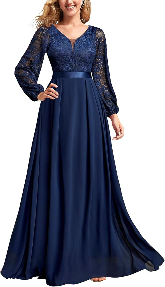 Miusol Women's Wedding Guest A-Line Dress Floral Lace Deep V Neck Long Sleeve Formal Evening Gown | Amazon (US)