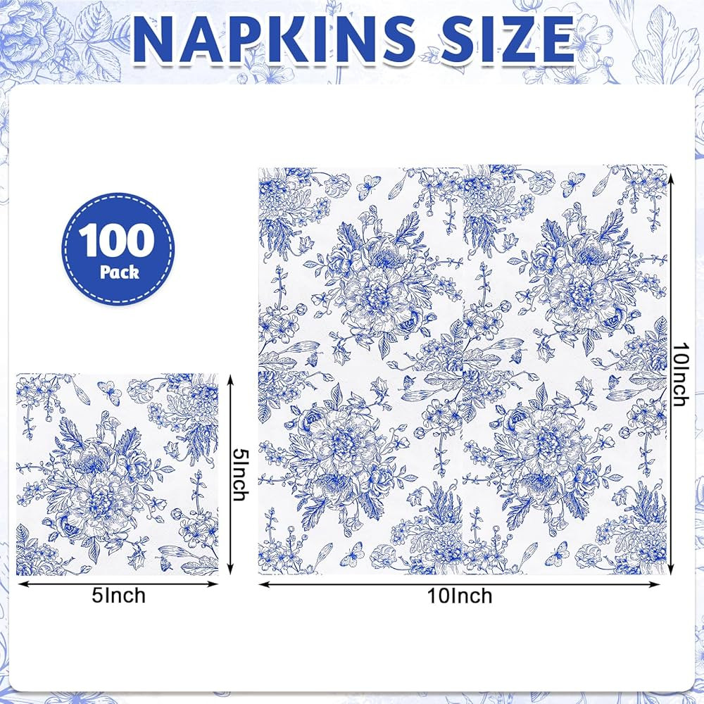 NatNarr 100 Pcs Blue Floral Napkins, Blue and White Toile Cocktail Napkins Vintage Flower Butterf... | Amazon (US)