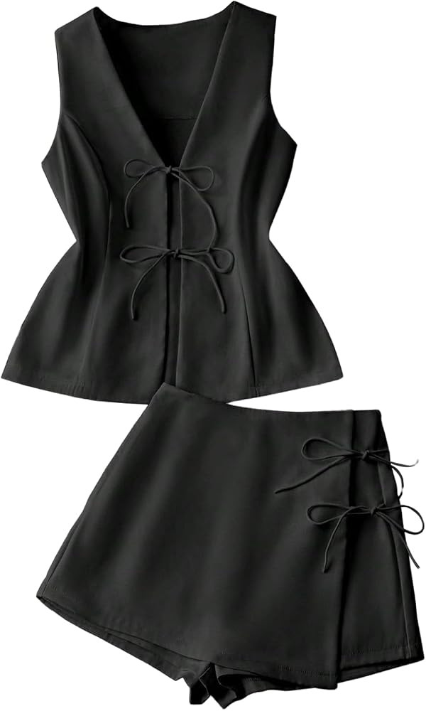 SOLY HUX Women's Summer 2 Piece Outfits Sleeveless Matching Sets Lace Up Vest and Skort Shorts | Amazon (US)