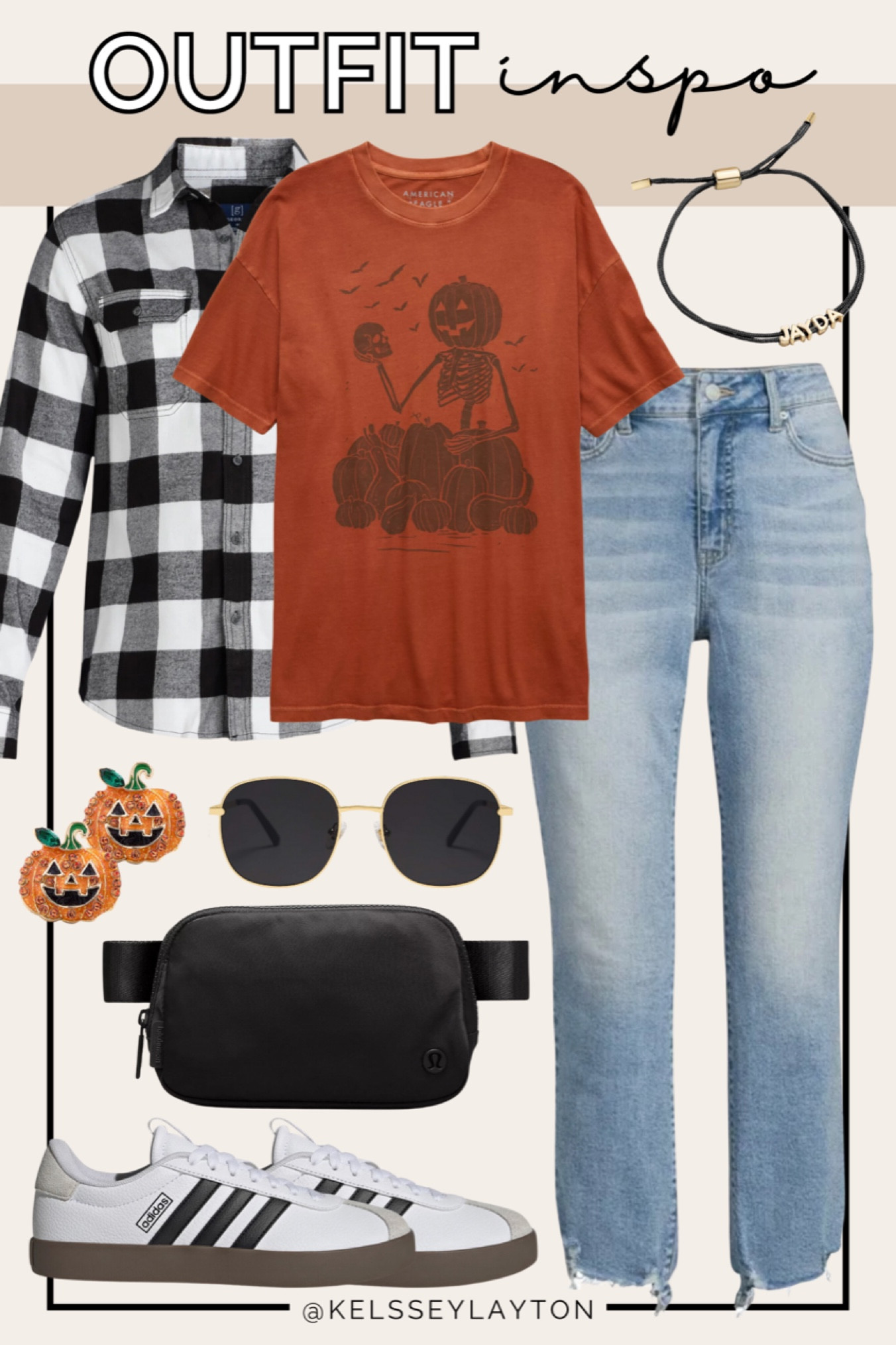 Outfit idea, Halloween outfit, graphic tee, American Eagle, Buffalo plaid button down, black belt bag, black adidas, pumpkin earrings 

#LTKFindsUnder50 #LTKSaleAlert #LTKSeasonal
