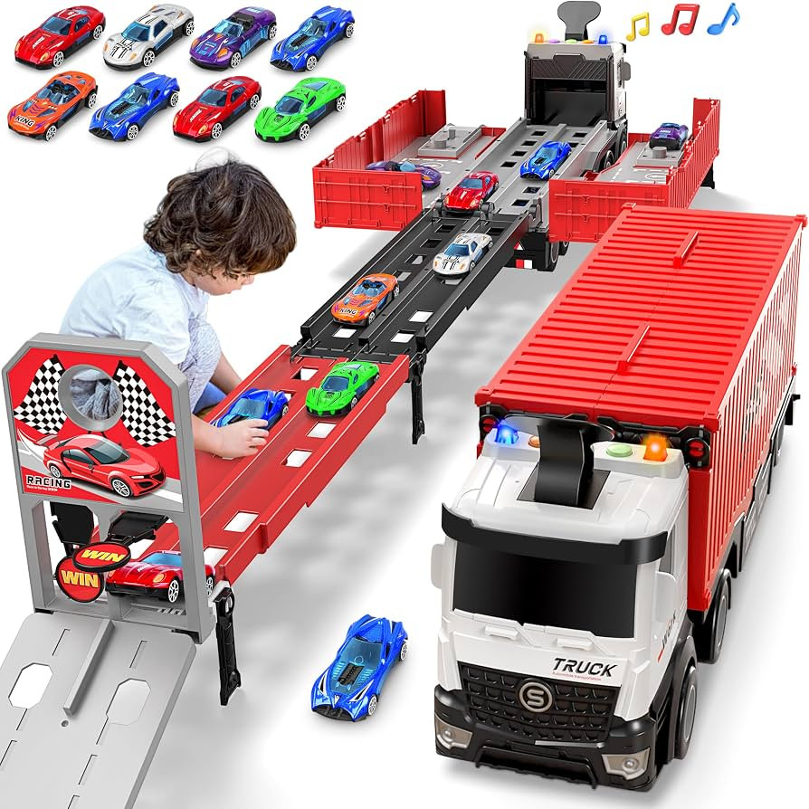 Carrier Truck Race Track Kids Toys, Foldable 3 Layer Car Race Track Playset, Toy Truck Transport ... | Amazon (US)