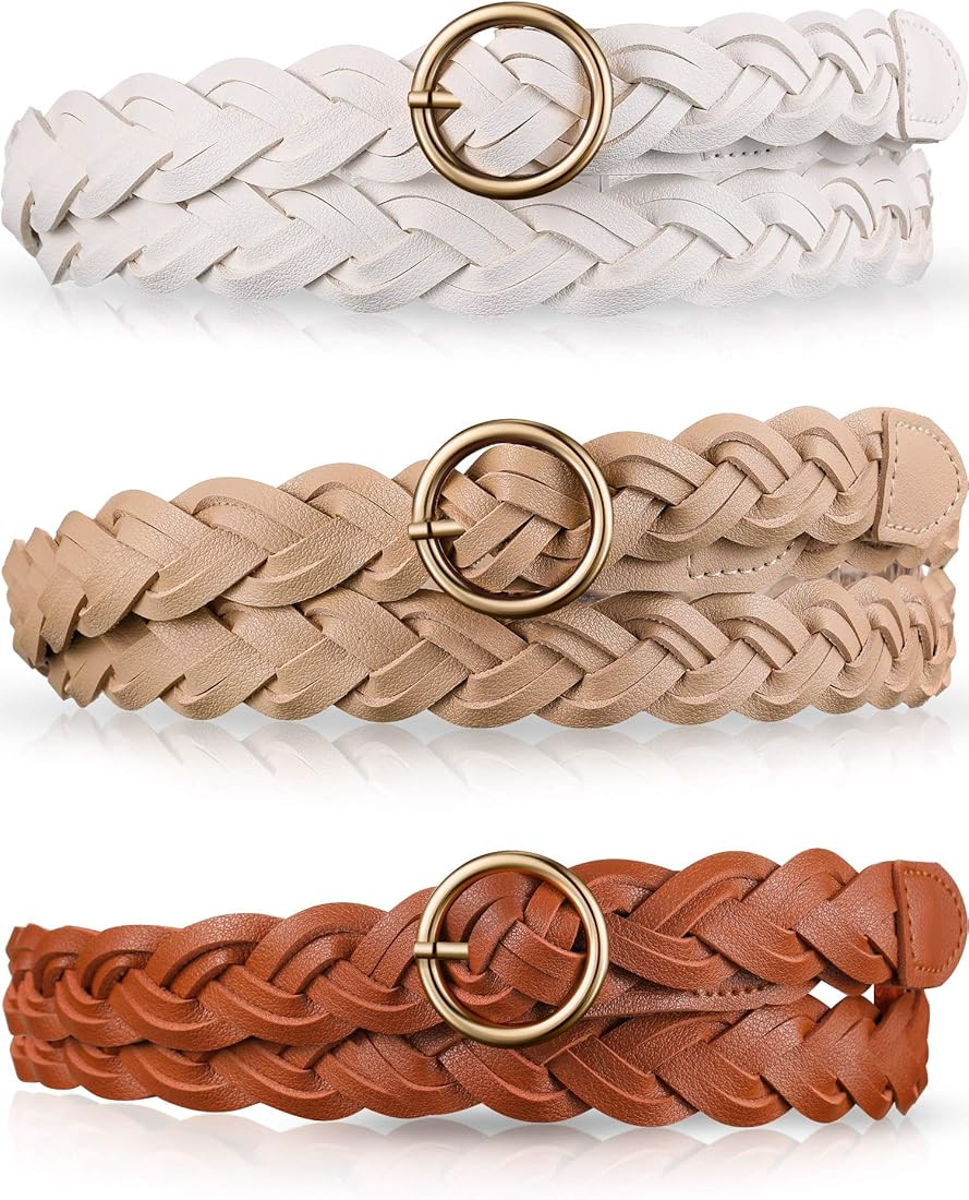 SATINIOR 3 Pcs Women's Braided Leather Belt Skinny Woven Braided Belt O Ring Buckle Leather Belt ... | Amazon (US)