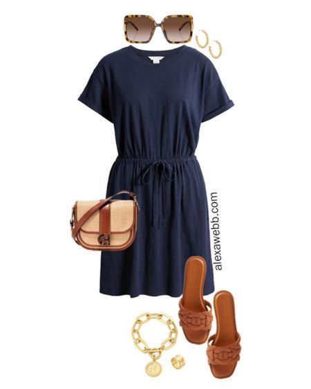 Plus Size Fourth of July Outfits 2024 - Look 3 - A plus size casual outfit for 4th of July parties and BBQs with an easy navy knit t-shirt dress, slide sandals, and rattan crossbody bag. Alexa Webb #plussize

#LTKStyleTip #LTKPlusSize #LTKSeasonal