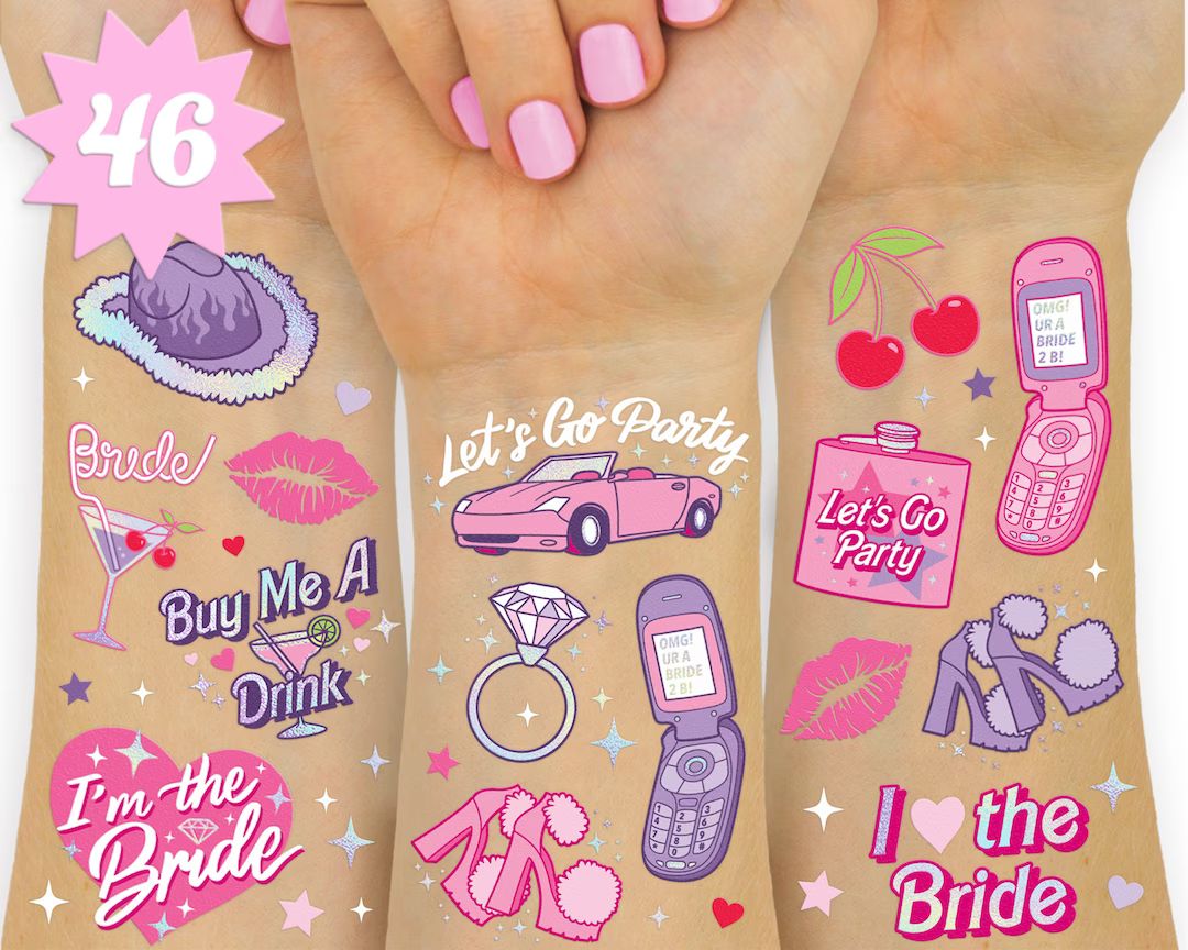 xo, Fetti Pink Bachelorette Temporary Tattoos - 46 Foil Styles | Bachelorette Party Decoration, B... | Etsy (US)