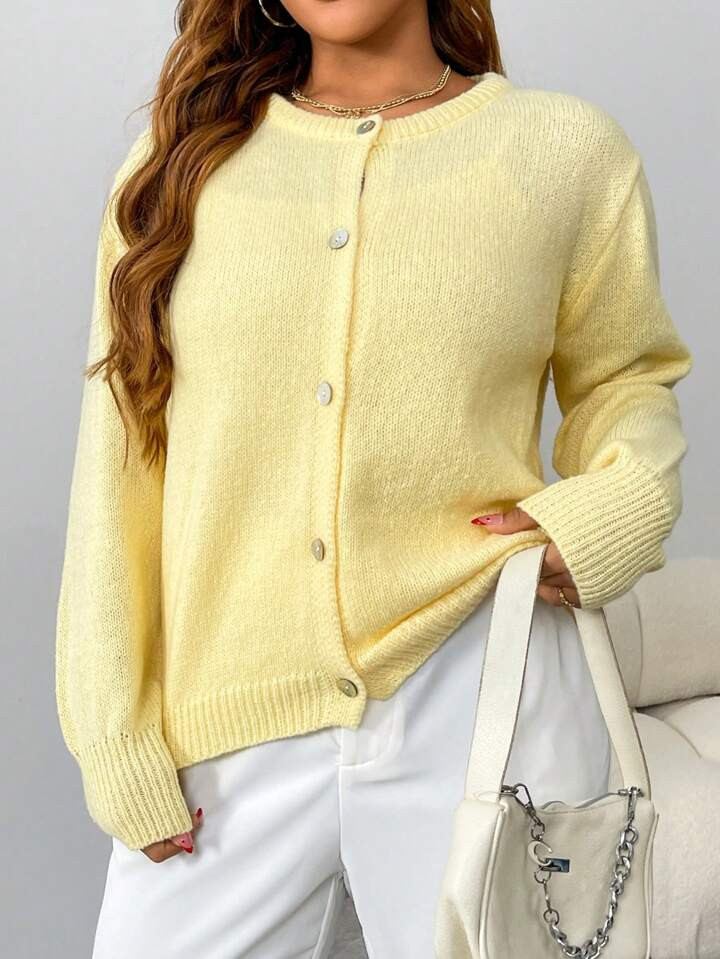 INAWLY Plus Size Plain Color Casual Cardigan, Autumn/Winter | SHEIN