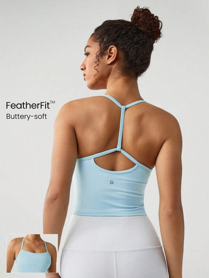 GLOWMODE FeatherFit™ T-Neck Racerback Tank Top Light Support Low Impact Yoga Studio | SHEIN