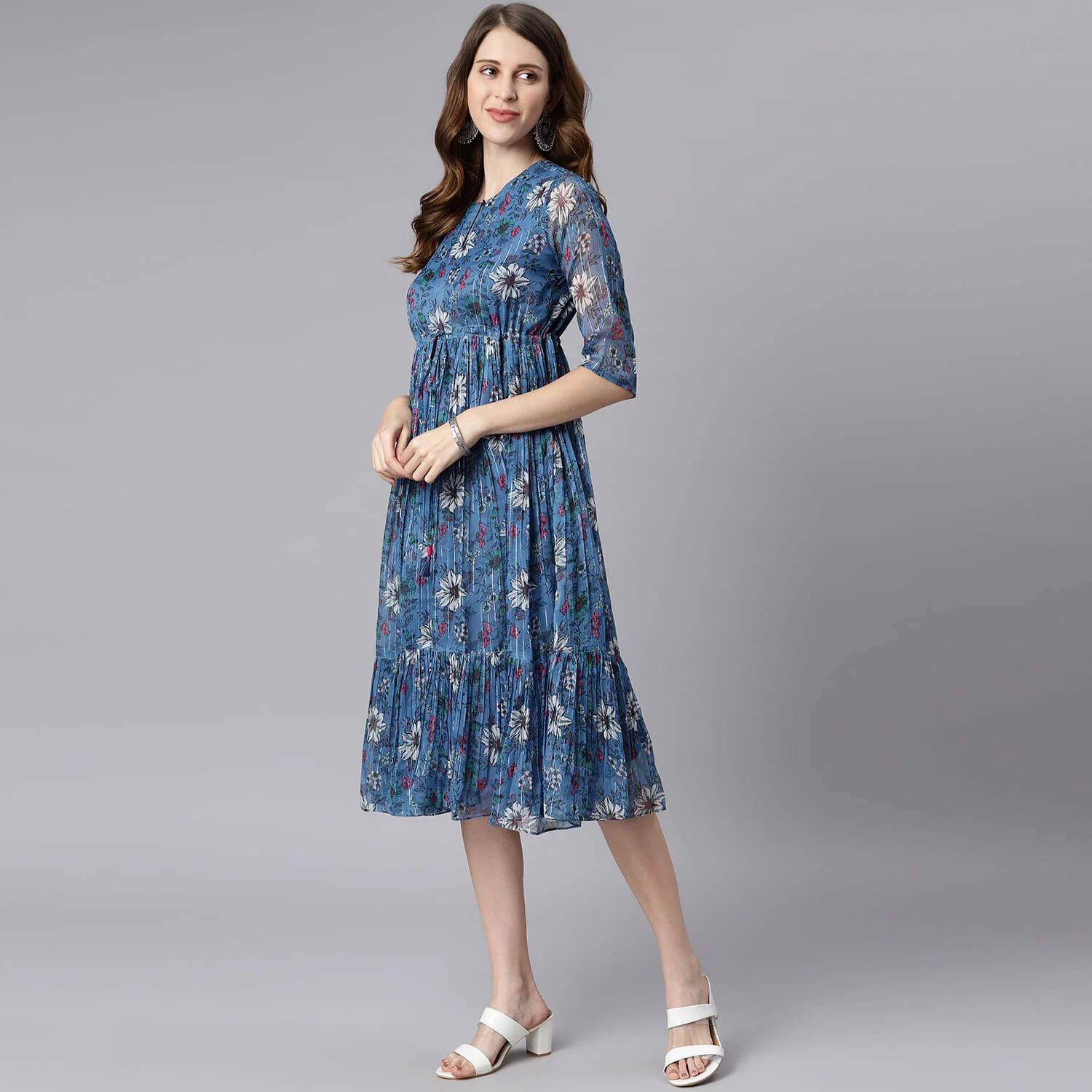 Janasya Indian Keyhole Neck 3/4 Sleeve Floral Blue Poly Georgette Western Dress For Women | Walmart (US)