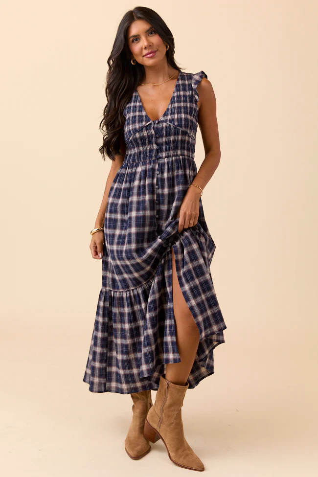 Ruth Navy Plaid Maxi Dress | Pink Lily