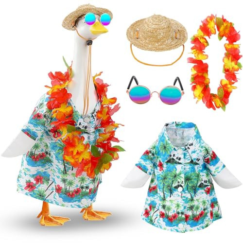 DTOFOOT 4 Pcs Hawaiian Porch Goose Outfits, Lawn Porch Goose Summer Costume With Hawaiian Wreath Straw Hat Sunglasses for 23 Inch Cement Goose Cosplay Outdoor Yard Garden Luau Party Decoration | Amazon (US)