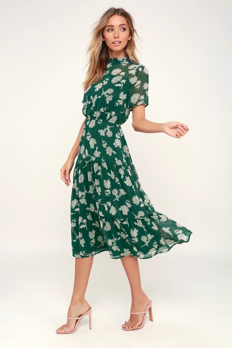 Floral Dressed Up Dark Green Floral Print Midi Dress | Lulus (US)