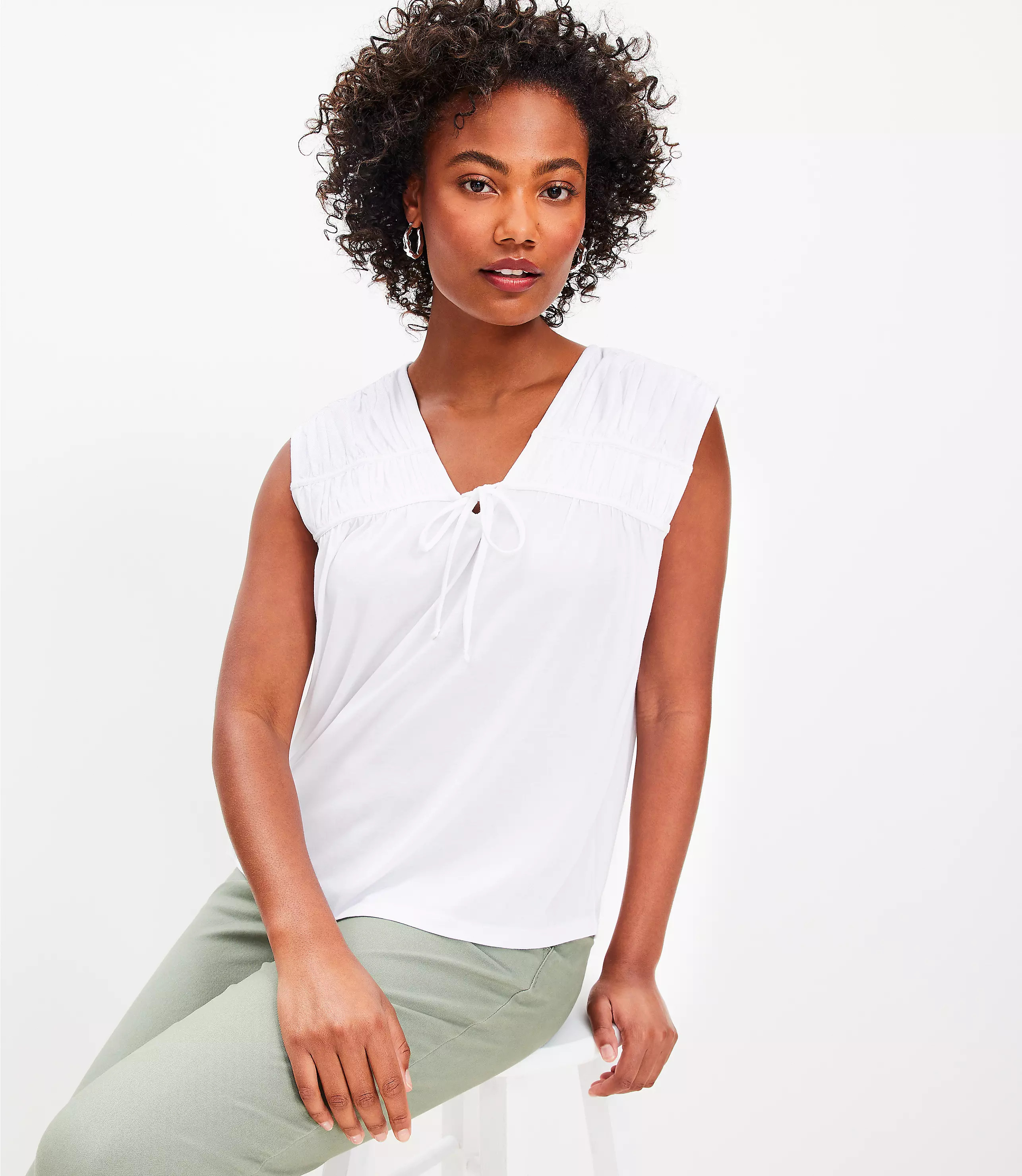 Shirred Tie Neck Top | LOFT